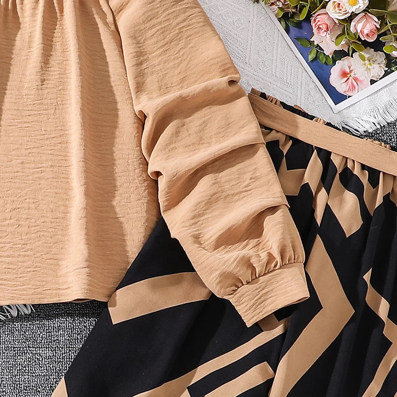 Kids Clothing Sets For Girls Khaki Off-shoulder Long sleeve Top & Stripe Printing Pants