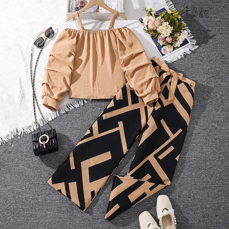 Kids Clothing Sets For Girls Khaki Off-shoulder Long sleeve Top & Stripe Printing Pants