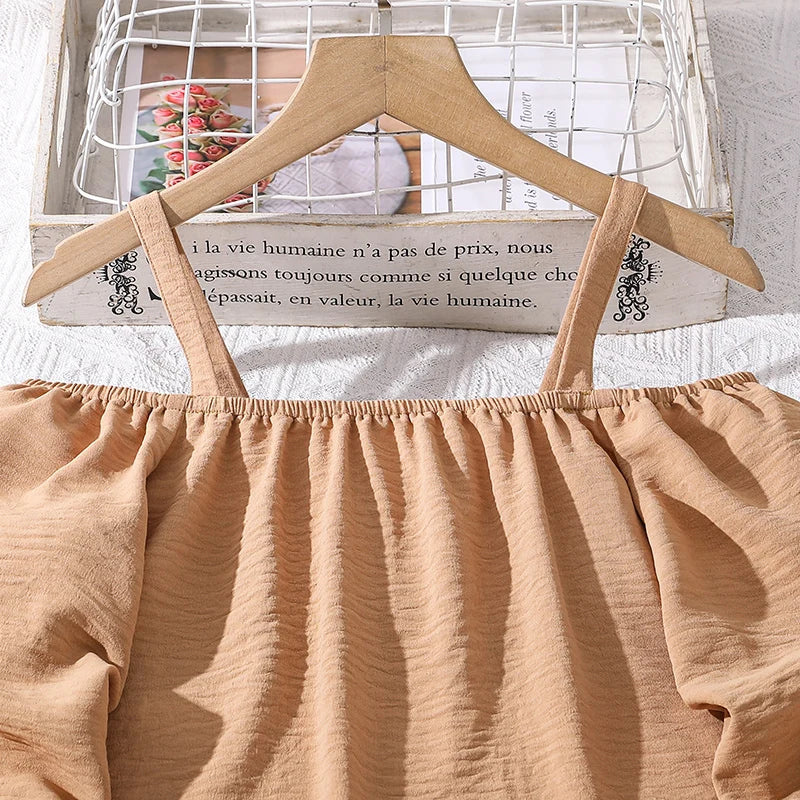Kids Clothing Sets For Girls Khaki Off-shoulder Long sleeve Top & Stripe Printing Pants