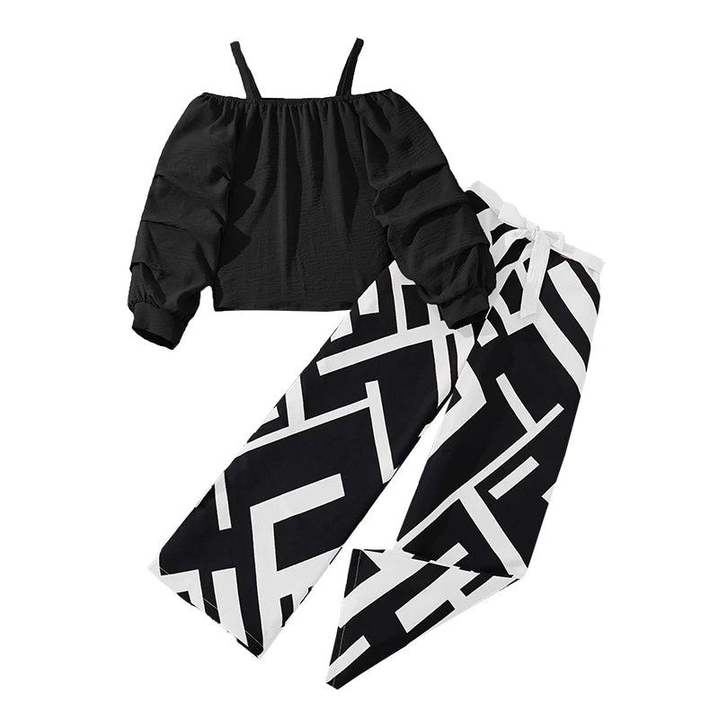 Kids Clothing Sets For Girls Khaki Off-shoulder Long sleeve Top & Stripe Printing Pants