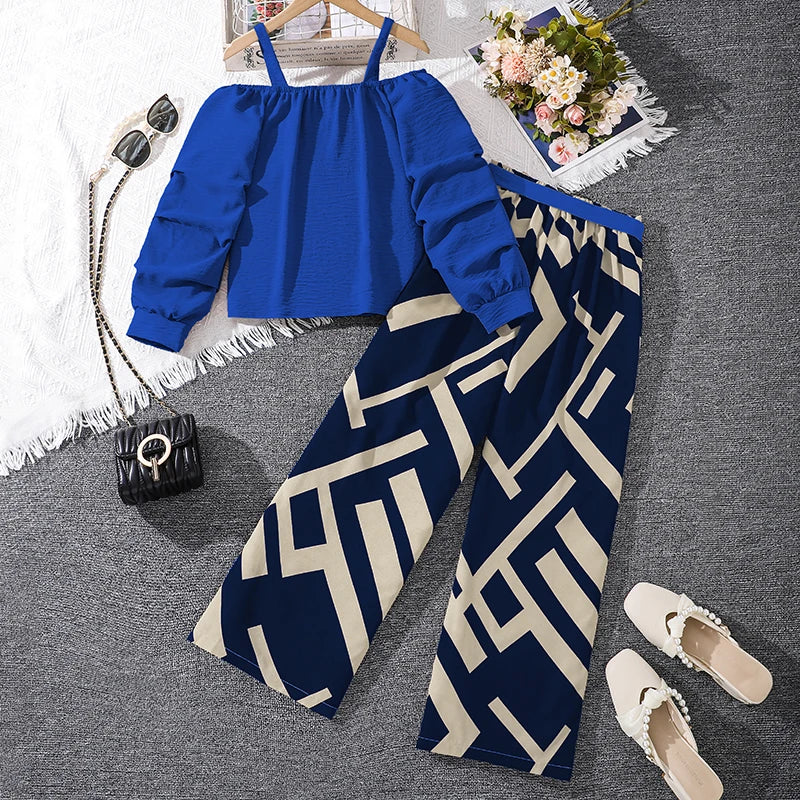 Kids Clothing Sets For Girls Khaki Off-shoulder Long sleeve Top & Stripe Printing Pants