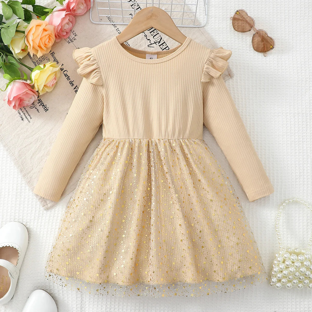 Girl Elegant  Temperament Dress Solid Color Star Chiffon Fashiona Dress