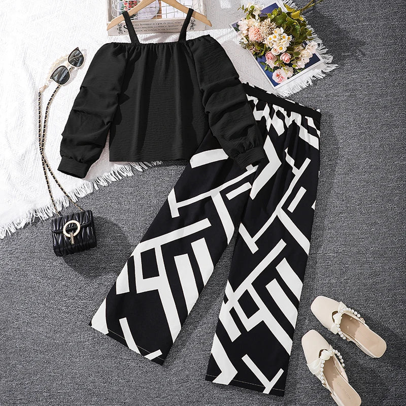 Kids Clothing Sets For Girls Khaki Off-shoulder Long sleeve Top & Stripe Printing Pants