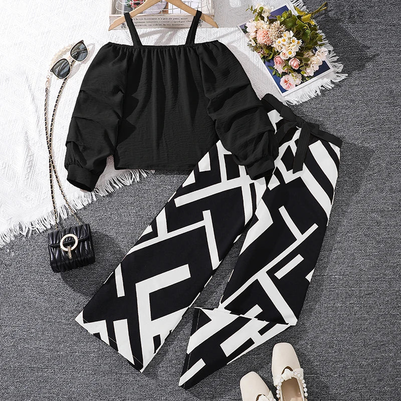 Kids Clothing Sets For Girls Khaki Off-shoulder Long sleeve Top & Stripe Printing Pants