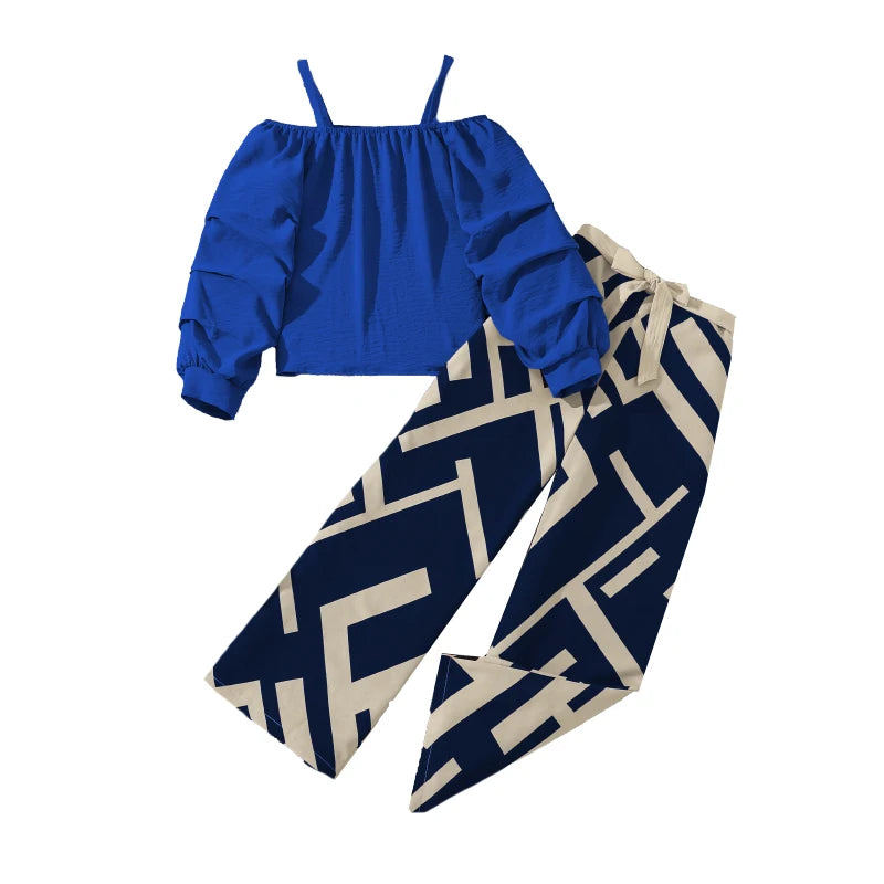 Kids Clothing Sets For Girls Khaki Off-shoulder Long sleeve Top & Stripe Printing Pants