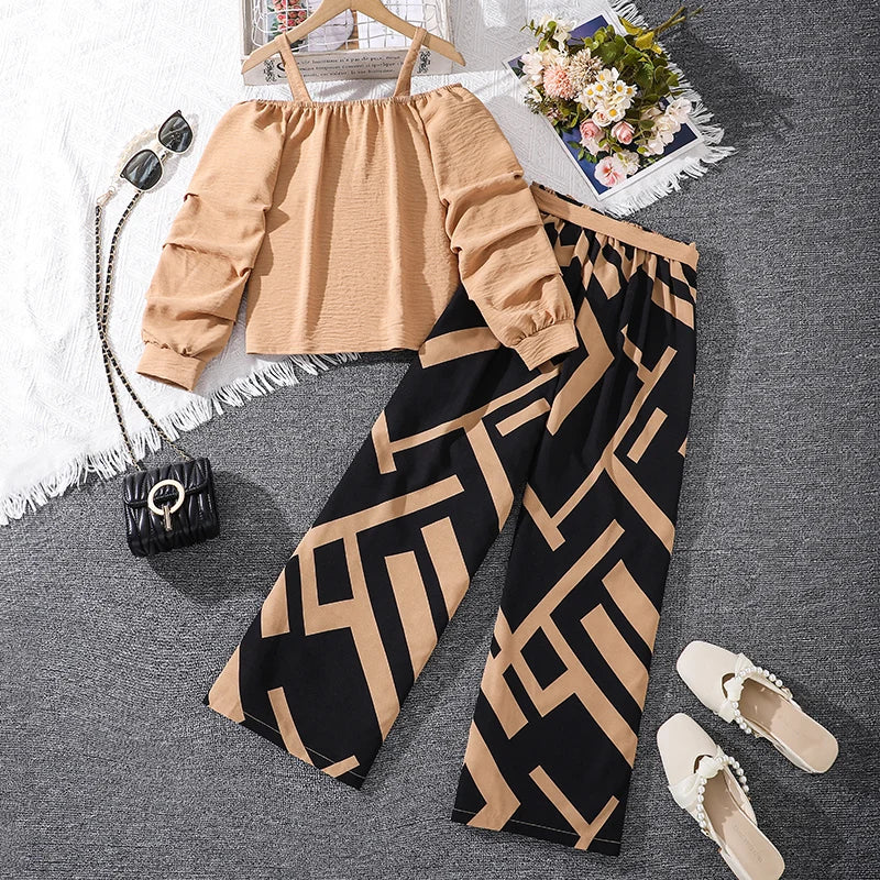 Kids Clothing Sets For Girls Khaki Off-shoulder Long sleeve Top & Stripe Printing Pants