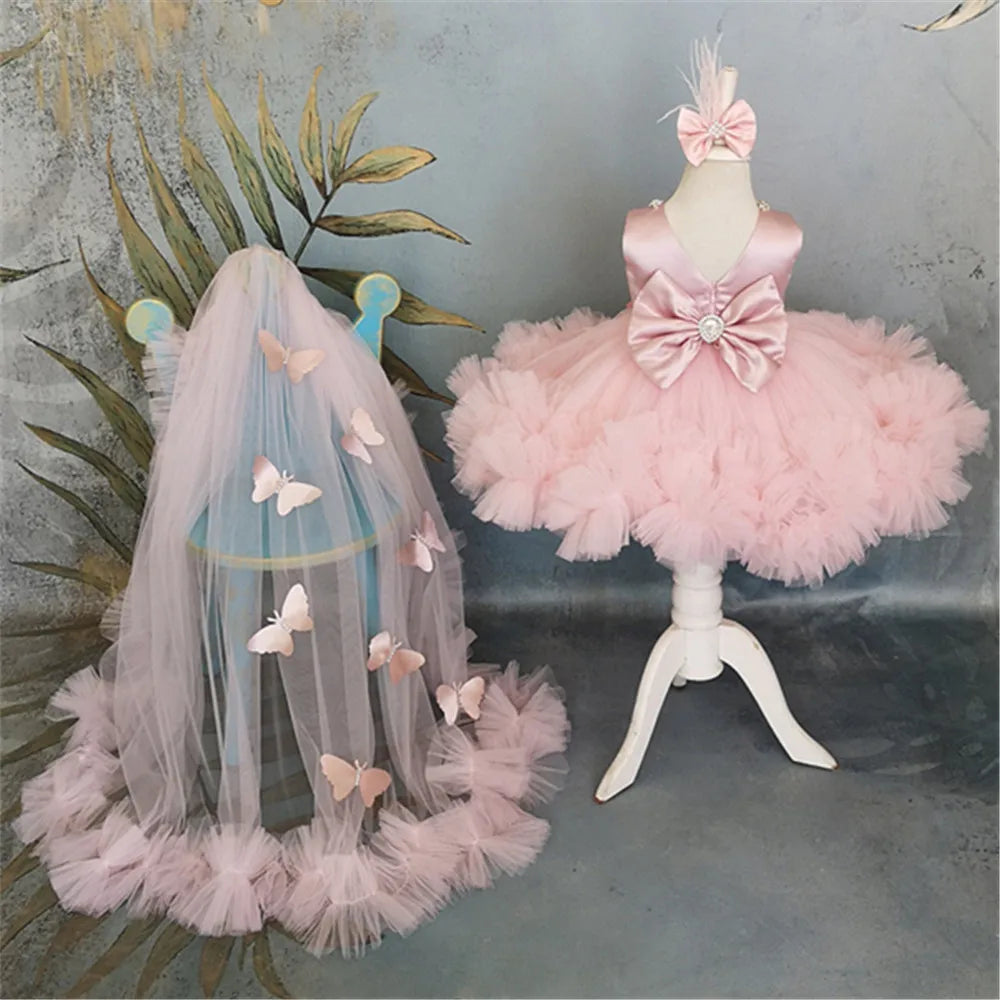 Baby Girls Flower Butterfly Dress Knee-Length Tulle Evening Formal Dress