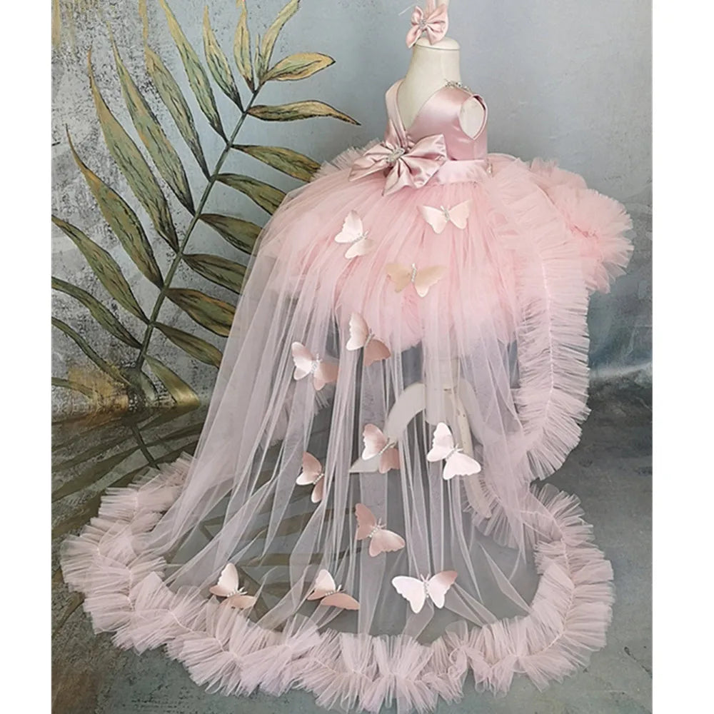 Baby Girls Flower Butterfly Dress Knee-Length Tulle Evening Formal Dress