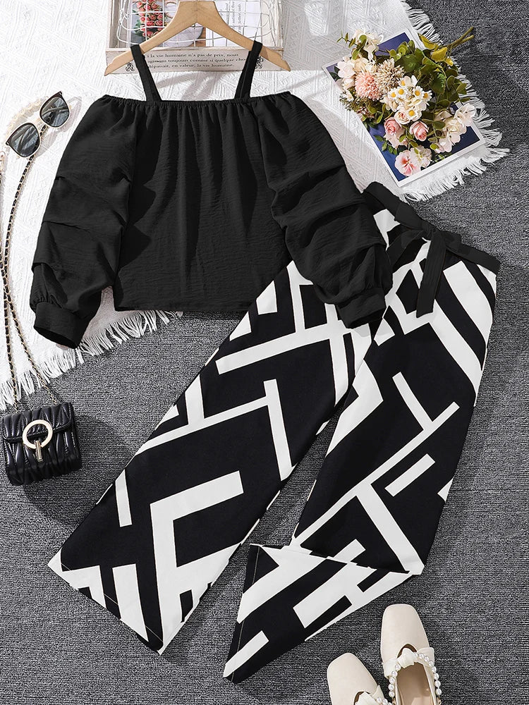 Kids Clothing Sets For Girls Khaki Off-shoulder Long sleeve Top & Stripe Printing Pants